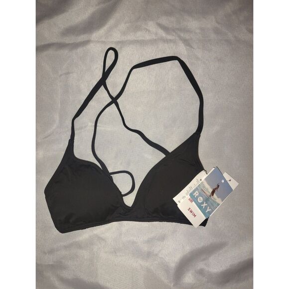 NWT Roxy Triangle Bikini Top Criss Cross Back Size XS Black Surf Beach Swim - Picture 1 of 5